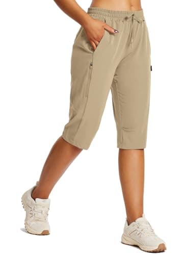 baleaf Women's 15" Hiking Shorts Long Bermuda Cargo Below The Knee Capris Lightweight Quick Dry Elastic Waist for Casual Brown 3XL