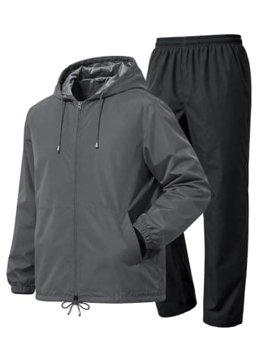 UIQUR Mens Rain Suit Waterproof Rain Jacket with Rain Pants 2 Pieces Lightweight Packable Raincoat with Hood Running Cycling Grey 2XL