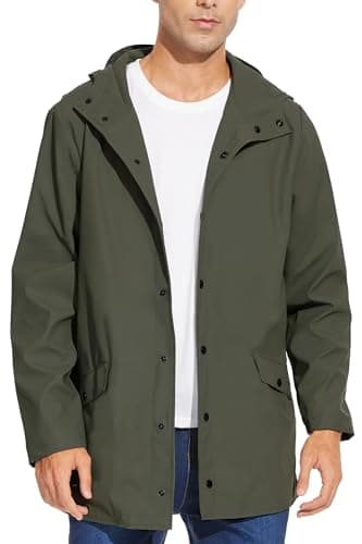 Fahsyee Rain Jacket Men Waterproof - Mens Raincoat Lightweight Coat With Hood Long Breathable Windbreaker Trench Army Green M