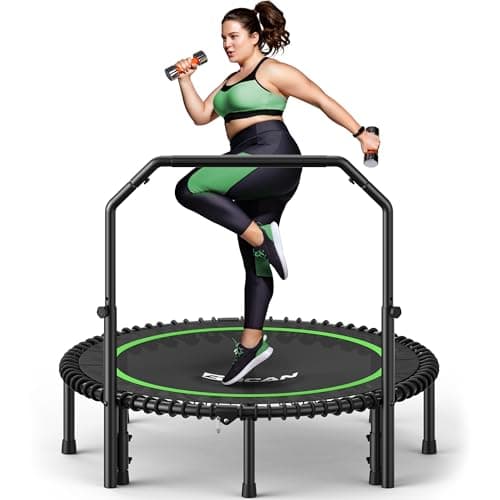 BCAN BT2 450/550LBS Mini Rebounder Trampoline for Adults with Bar, Fitness Trampoline with Bungees, Adjustable Handle, Stable & Quiet, Indoor Outdoor, Whole-Body Workout & Relaxation at Home-48IN-GRN