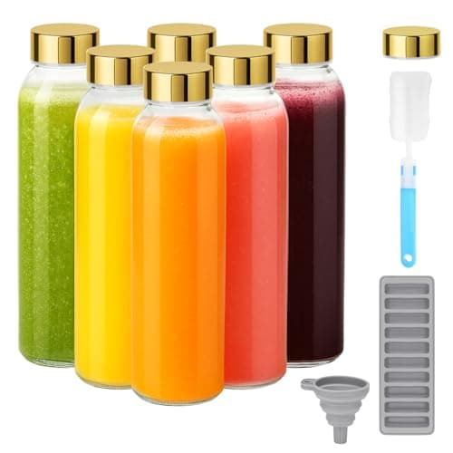 Zukro Glass Water Bottles with Lids 18 oz, Reusable Juice Bottles for Juicing, Leak Proof Juice Storage Containers for Fridge, Clear Drinking Jars With Stainless Steel Caps, BPA Free, Set of 6 Gold