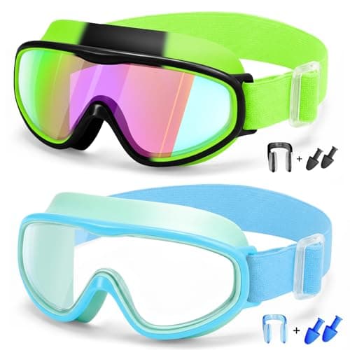 Vvinca Kids Swim Goggles 2 Pack, No Hair Pulling Comfort Fabric Strap Swimming Goggles for Kids Age 3-14, Anti-Fog/UV No Leaking Wide View Swim Mask for Toddler Boys Girls, Summer Pool Essentials