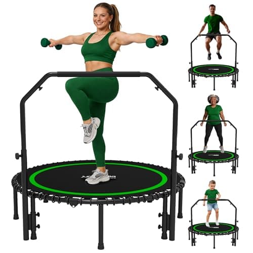 Jumpzylla Fitness Rebounder Trampoline for Adults, Mini Trampoline for Adults with Bar and Elastic Bands, Family Kids & Adult Exercise Trampolines Indoor/Outdoor, 550lbs, 48 inch (Green)