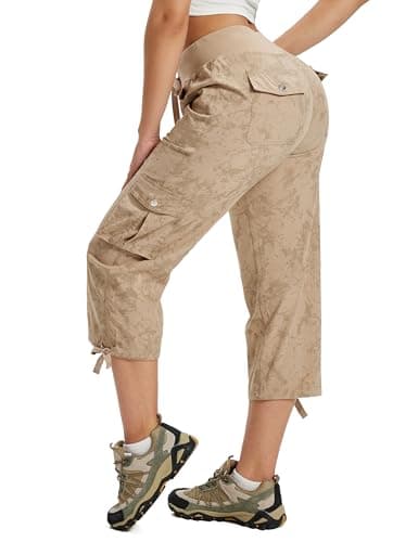 MoFiz Womens Capris Summer Cargo Shorts Lightweight Quick Dry Athletic Casual Travel Loose Ladies Outdoor Hiking Pants Pockets Camouflage Ghaki M