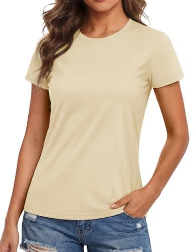 MAGCOMSEN Hiking Shirts Women UV Protection Quick Dry Tee Short Sleeve Workout Tops Rashguard Womens Swim Tops Light Apricot, L