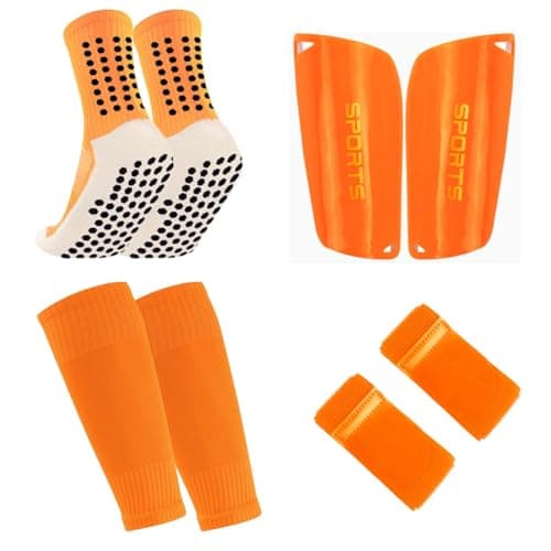 1 Pair Mens Grip Soccer Socks, 1 Pair Shin Sleeves with 1 Pack Shin Guards and 2 Straps, Soccer Football Game Set 5 Pcs Neon Orange