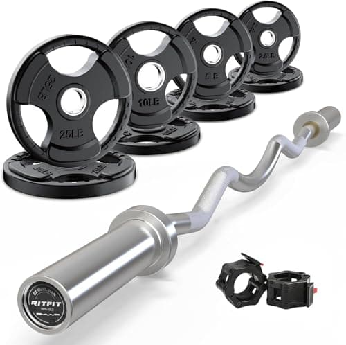 RitFit 2 Inch EZ Curl Bar with Weights, 350LBS Weight Capacity Olympic Curl Barbell for Bicep, Tricep and Weight Lifting Exercises, with 85LBweights