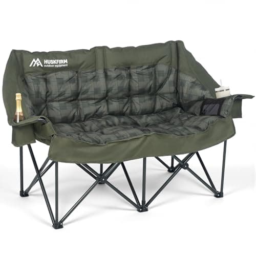 Double Camping Chairs Padded Loveseat Chair for 2 Person - Heavy Duty Oversized Camping Couch for Adults Outdoor Lawn Beach - Portable Folding Sofa with Cup Holders and Carry Bag, Green Plaid