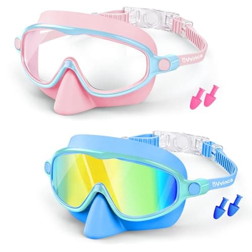 Vvinca 2 Pack Kids Swim Goggles with Nose Cover, Wide View Anti-Fog UV Protection Swimming Mask for Boys Girls Ages 3-14, No Leak Pool Goggles for Toddlers