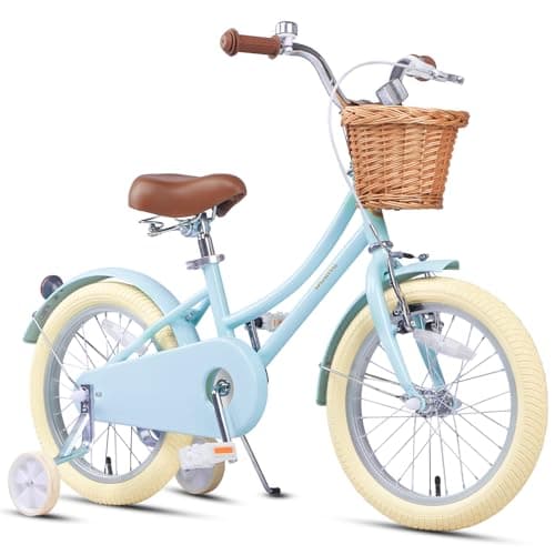 Glerc Little Molly 16 Inch Kids Bike, Retro Cruiser Girls Bike for Children Ages 4-7 Years Old, ‎Kids Bicycle with Wicker Basket & Training Wheels/Kickstand, Blue