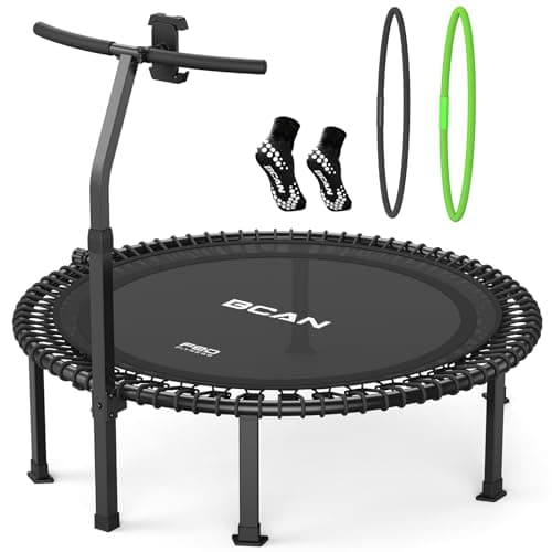 BCAN BT4 48" Soft Land Pro Adult Bungee Rebounder Trampoline, 500lb Capacity, Adjustable Tension Bungees, One-Piece Frame (16 Gauge), Quiet Indoor Cardio w/Handle, Phone Holder & 2 Pairs Socks, Black
