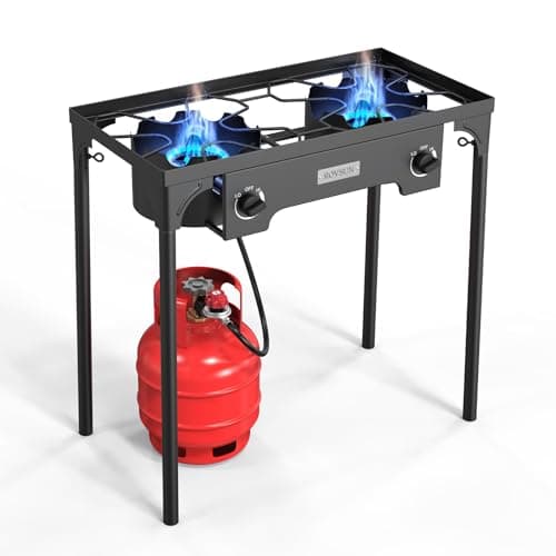 ROVSUN 2 Burner Outdoor Propane Gas Stove with Adjustable Regulator, 150,000 BTU High Pressure Stand Cooker for Backyard Cooking Camping Home Brewing Canning Turkey Frying
