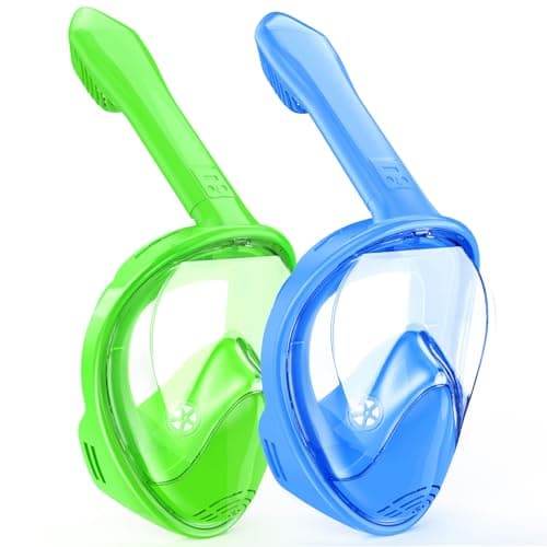 Kids Snorkel Mask Full Face, Snorkeling Gear for Kids 2-14 with Camera Mount, 180 Degree Panoramic View Snorkeling Set Anti-Fog Anti-Leak (Blue Green)
