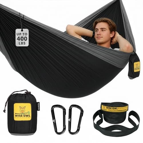 Wise Owl Outfitters Hammock for Camping Single Hammocks Gear for The Outdoors Backpacking Survival or Travel - Portable Lightweight Parachute Nylon SO Black & Grey