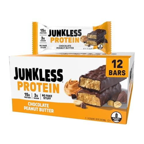 JUNKLESS Chocolate Peanut Butter Protein Bars | 15g Protein, No Added Sugar, High Fiber, Gluten Free | Healthy Snack for Kids & Adults | 12 Bars