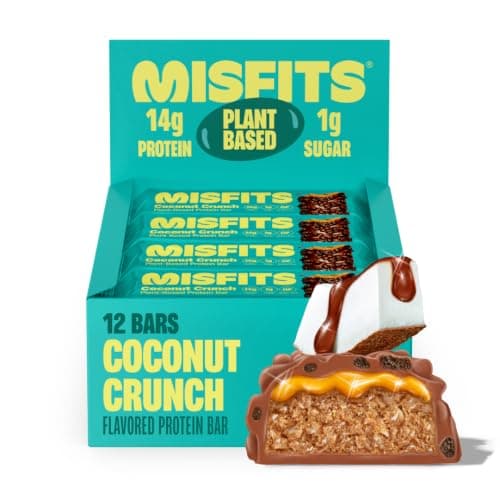 Misfits Vegan Protein Bars - Coconut Crunch | Nutrition Bars - 14g Protein, 1g Sugar, Plant-based, Low Carb, Non-GMO, Gluten Free Snacks | Pack of 12