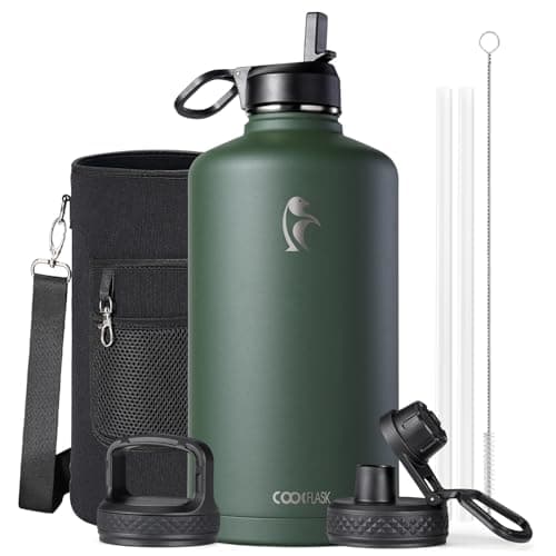 Coolflask 128 oz Gallon Water Bottle Insulated with Straw&3 Lids, Water Jug Large Stainless Steel Metal Vacuum Wide Mouth for Sports, Gym or Office, Non-BPA Keep Cold 48H Hot 24H, Dark Green