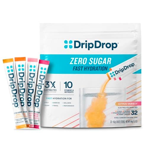 DripDrop Sugar Free Hydration Packets - Zero Citrus Variety Pack - Single Serve Electrolytes Powder Drink Mix - Cherry Limeade, Citrus, Orange, Strawberry Lemonade - Non-GMO, Gluten Free - 32 Sticks