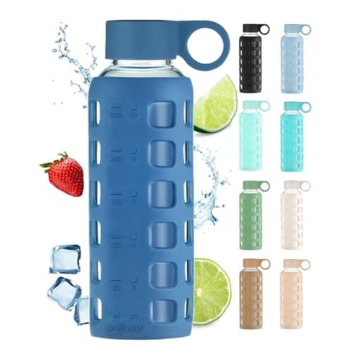 purifyou 40oz / 32oz / 22oz / 12oz Borosilicate Glass Water Bottle with Time & Volume Markers, Silicone Sleeve, Stainless Steel Lid | Reusable Glass Bottle for Water & Juice (12oz Chinese Porcelain)