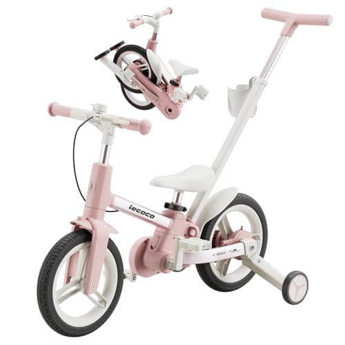 lecoco Upgraded Toddler Bike with Push Handle 6 in 1 for Kids, Balance Bicycle Toys with Training Wheels, Brackes, Cup Holder, Pedal, Kickstand Birthday Gift for Boys and Girls
