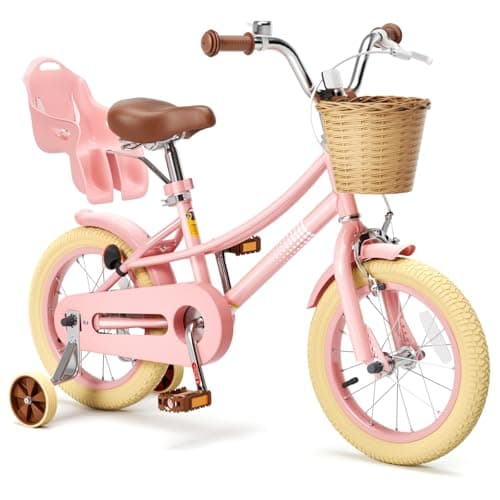 Glaf Kids Toddler Bike 12 14 16 20 Inch Girls Bike with Training Wheels Age 2-12 Years Old Toddler Girls Bike with Basket and Doll Seat Adjustable Seat (14 Inch with Training Wheels, Pink Brown)