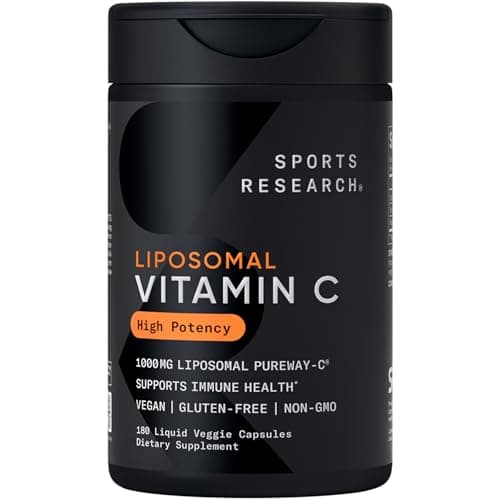 Sports Research® High Potency Liposomal Vitamin C Supplement 1000 mg – Certified Vegan, Non-GMO, Gluten Free | Antioxidant & Immune Support | Ascorbic Acid Vitamin C | 180 Liquid Veggie Capsules