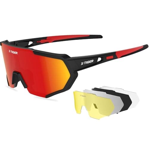 X-TIGER Polarized Sports Sunglasses with 5 Interchangeable Lenses,Mens Womens Cycling Bike Glasses,Baseball Running Fishing Golf Driving Sunglasses