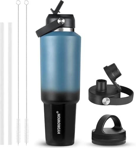 HYDROWION 32 oz Insulated Water Bottle, Car Water Bottle Holder - Double Wall Vacuum Insulated Travel Bottle with Straw Lid, Spout Lid and Flex Cap - Cold for 24H, Hot for 12H, Blue - Black