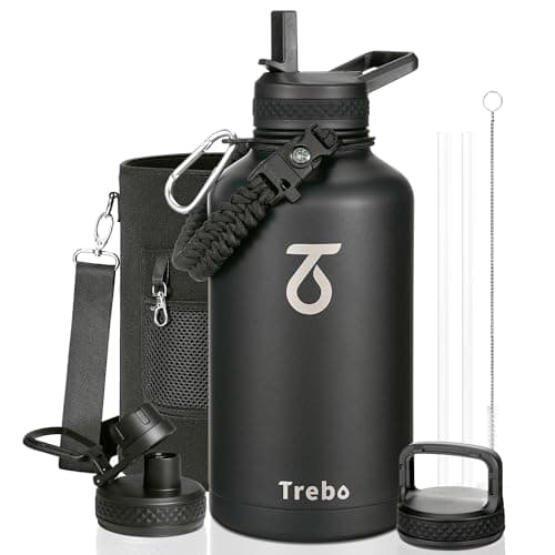 Trebo 64oz Water Bottle,Large Stainless Steel Water Jug with 3 Lids, Triple Wall Vacuum Sports Thermo bottle Keep Hot 24 Hours & Cold 48 Hours,Wide Mouth Flask,Black