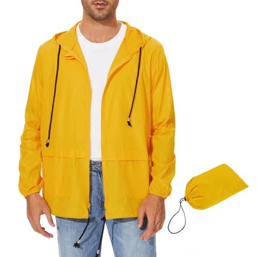 Zando Mens Rain Jackets Waterproof with Hood Lightweight Rain Jacket Men Waterproof Windbreaker Jackets Men Raincoat Packable Windbreaker Adjustable Travel Outdoor Running Cycling Yellow 2XL