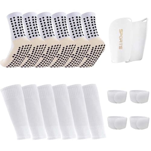 Ukontagood 3 Pairs Mens Grip Soccer Socks, 3 Pairs Shin Sleeves with 1 Pack Shin Guards and 4 Straps, Soccer Football Game Set 11 Pcs (White)