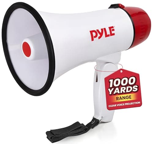 Pyle 20W Megaphone Bullhorn - 5.4'' x 8.6'' Portable Megaphone, Projection Range 1000 Sq. Yards, Voice Talking & Siren Alert, Shoulder Strap, Battery Operated, (White)