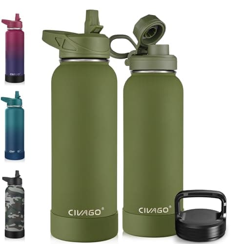 CIVAGO 40 oz Insulated Water Bottle With Straw, Stainless Steel Sports Water Cup Flask with 3 Lids (Straw, Spout and Handle Lid), Double Walled Travel Thermal Canteen Mug, Army Green