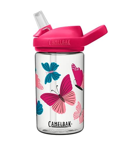 CamelBak Eddy+ Kids Water Bottle with Bite Valve Straw, Leak‑Resistant Easy‑Sip Design for Everyday Hydration, 14oz, Colorblock Butterflies
