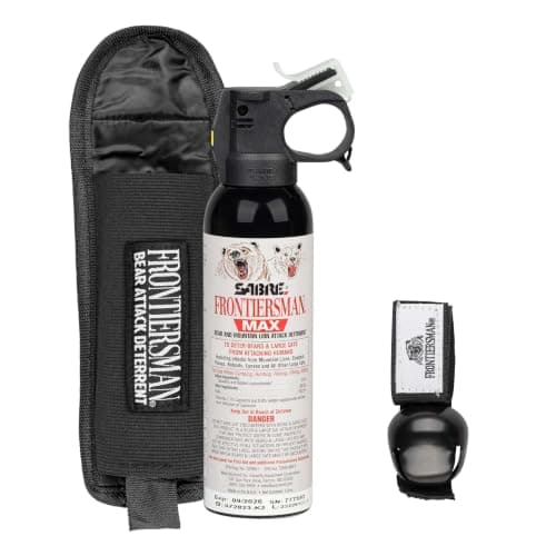 SABRE Frontiersman MAX Bear Spray Kit – 7.9 oz Bear & Mountain Lion Deterrent, Belt Holster, Bell, 40 ft Range, 2% Capsaicinoids, Glow Safety, Eco-Friendly, Hiking, Camping