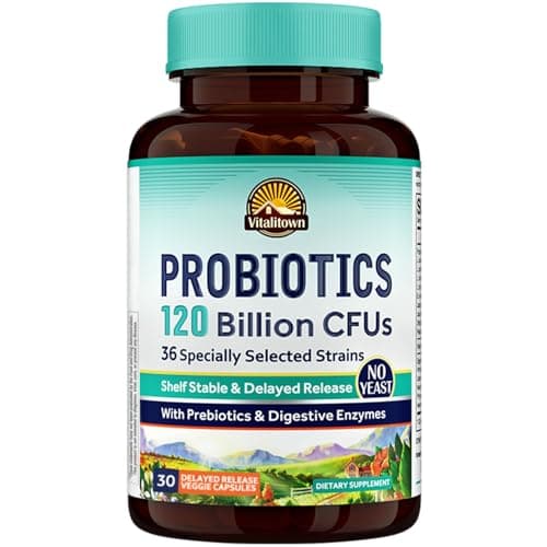 VITALITOWN Probiotics 120 Billion CFUs | 36 Strains, with Prebiotics & Digestive Enzymes for Men Women | Shelf Stable | Digestive Health & Immune Support | Vegan, Non-GMO | 30 Delayed Release Veg Caps