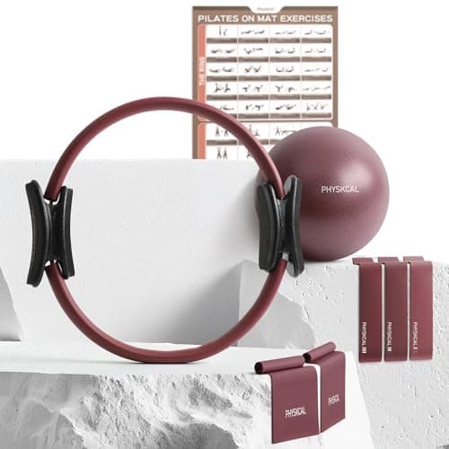 PhysKcal Pilates Ring Set, 15-Inch Pilates Circle with 1x Core Ball, 3X Resistant Loop and 2X Flex Band, Home Pilates on Mat Essential Kit (Plum)