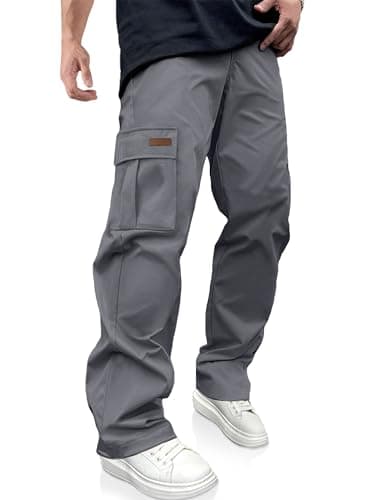 PLEPAN Men's Casual Cargo Pants Drawstring Hiking Workout Tactical Joggers Sweatpants for Men with Pockets Dim Grey Medium
