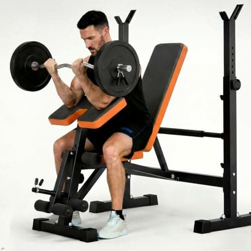 YOLEO Adjustable Bench Press Set with Squat Rack, 6-in-1 Home Strength Training Bench for Incline Decline Flat Workouts, Foldable Weight Lifting Equipment