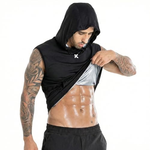 Kewlioo Hooded Sauna Shirt for Men, Heat Trapping Pullover Sweat Vest, Men’s Sauna Suit Tank Top Hoodies for Exercise, Cardio, Black