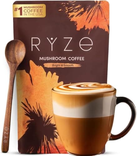 RYZE SUPERFOODS Mushroom Medium Roast Coffee USDA Organic with 6 Adaptogenic Mushrooms, USA Grown Instant Coffee for Better Energy, Focus Digestion Immunity with Lions Mane & Turkey Tail 30. Pack of 1