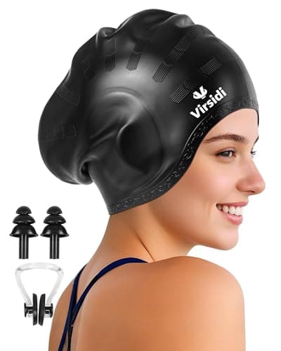 VIRSIDI Swim Cap for Long Hair, Silicone Swimming Cap for Adult Women Men with 3D Ear Protection, Waterproof Large Swim Hats Bathing Caps to Keep Hair Dry with Ear Plugs Nose Clip (Black)
