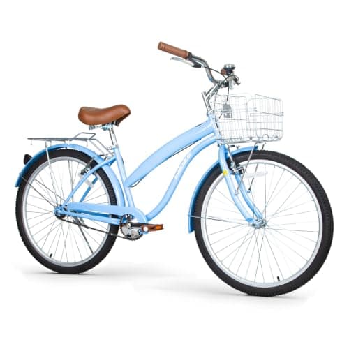 WEIZE Beach Cruiser Bike, 24 inch Commuter Bicycle for Adult Men and Women,High-Carbon Steel/Front & Rear Fenders, Comfortable City Bikes with Rear Rack&Basket, Ergonomic Upright Design,Blue