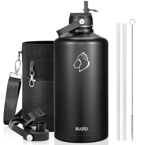 BUZIO 1 Gallon Water Jug with Straw Handle Lid, 128oz Water Bottle Stainless Steel Triple Wall Hydro Jug 18/8 Food Grade Thermo Mug Keep Cold 48H & Hot 24H, Black