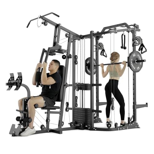 GMWD Dual-Station Smith Machine Power Cage, All-in-One Home Gym Workout Station with 121LB Weight Stacks & Cable Crossover, Professional Functional Trainer for Couples & Family Strength Training
