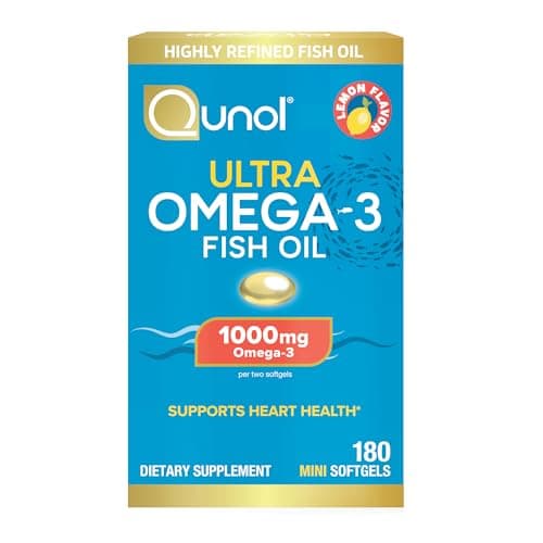 Qunol Fish Oil Omega 3 Mini Softgels, 1000mg Omega 3 EPA + DHA, Ultra Pure Supplements, Heart Health Support, Lemon Flavor, Easy to Swallow Minis, 3 Month Supply, 180 Count