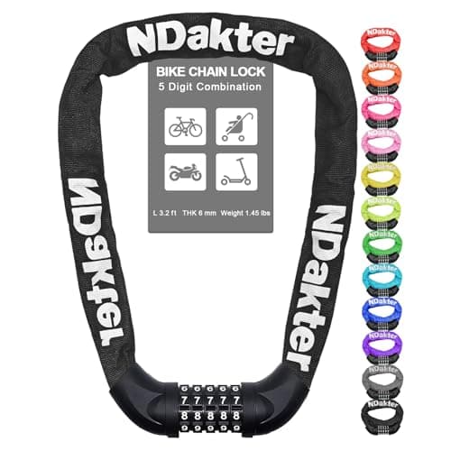 NDakter Bike Chain Lock, 5 Digit Combination Heavy Duty Anti Theft Bicycle Chain Lock, 3.2/4.27/5Ft Long Security Resettable Bike Locks for Bike, Bicycle, Scooter, Motorcycle, Door, Gate, Fence