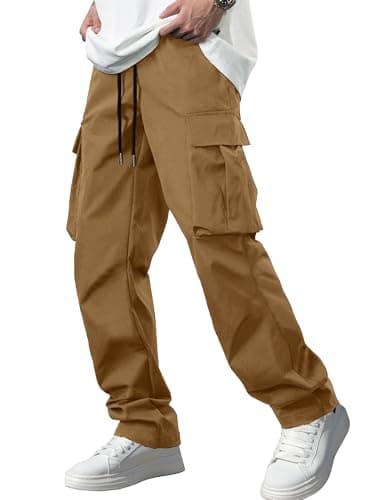 Comdecevis Men's Casual Cargo Pants Workout Joggers Stretch Sweatpants Hiking Drawstring Tactical Pants with Multi Pockets Yellow