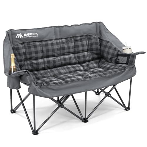 Double Camping Chair Padded 2 Person Camping Chair Camping Loveseat - Heavy Duty Oversized Camping Couch for Adults Outdoor Lawn Beach - Portable Folding Sofa with Cup Holders and Carry Bag, Grey