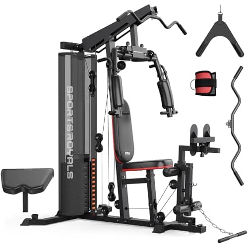 Sportsroyals Home Gym, Multifunctional Workout Station with 150LBS Weight Stack, Full Body Workout Equipment for Home Exercise Fitness (with Leg Press, Black+Red)